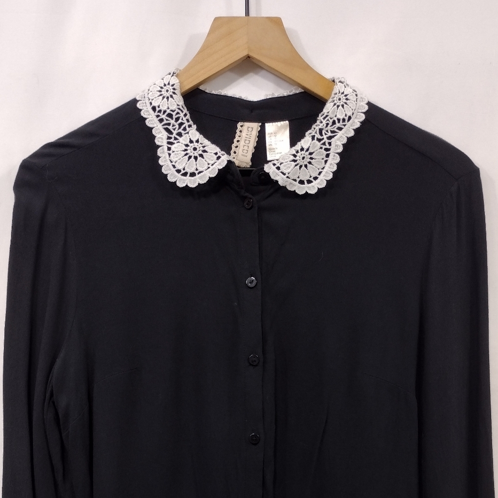 H&M Babydoll Blouse Women's 12 Black White  Preppy Academia Boho Retro 90s Y2K - Picture 2 of 8